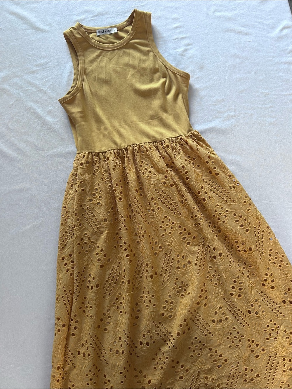 Grace Karin Mustard Yellow Eyelet Midi Dress Size S Sleeveless Embroidered